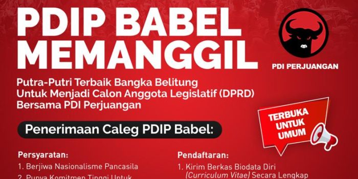 PDIP Babel Membuka Pendaftaran dan Memanggil Putra Putri Babel untuk Menjadi Calon Anggota Legislatif