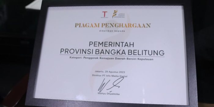 Pemprov Babel Terima Penghargaan Apresiasi Penggerak Kemajuan Daerah Berciri Kepulauan