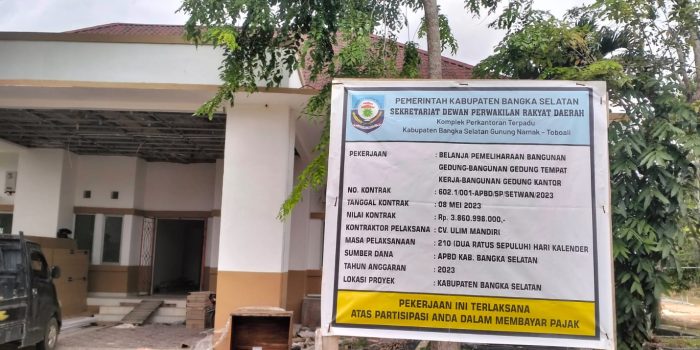 Fantastis, Proyek Rehab Kantor Sekretaris DPRD Bangka Selatan Capai 3,8 Miliar
