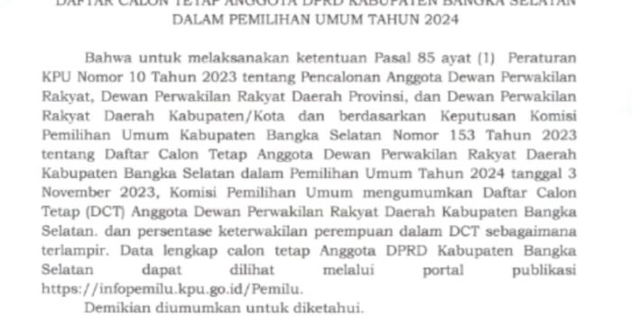 KPU Bangka Selatan Resmi Tetapkan DCT, 353 Caleg Siap Berebut Kursi DPRD 