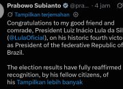 Prabowo Ucapkan Selamat atas Kemenangan Lula di Pilpres Brasil, Dorong Penguatan Hubungan Kedua Negara