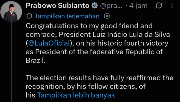 Prabowo Ucapkan Selamat atas Kemenangan Lula di Pilpres Brasil, Dorong Penguatan Hubungan Kedua Negara
