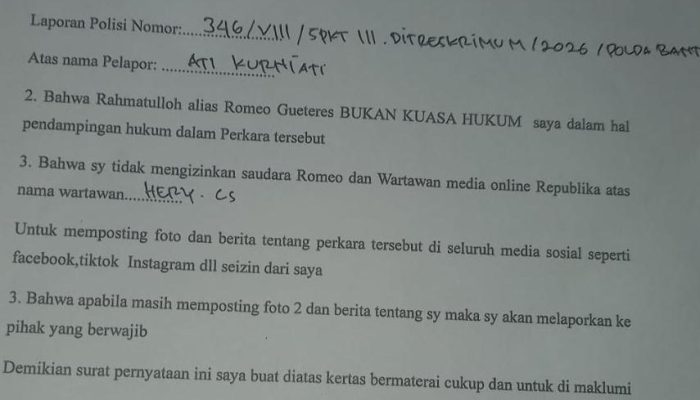 Geger! Pelapor Dugaan Pelecehan Seksual di Polda Banten Bantah Romeo sebagai Kuasa Hukum, Ancam Tempuh Jalur Hukum